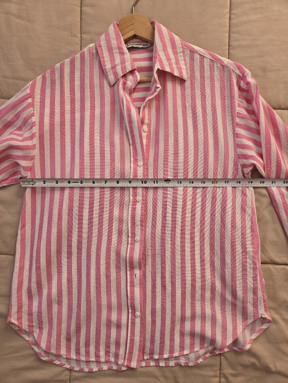 Stradivarius Pink and White Vertical Stripe Button-Down Shirt, Linen Blend, XS - Picture 9 of 10